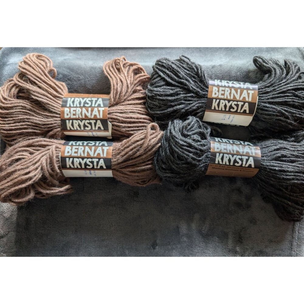 Bernat Krysta Acrylic/Nylon Yarn Lot of 4 Skeins - 2 Walnut and 2 Black
